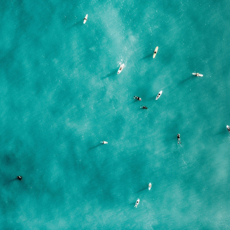 Aerial view of surfers in clear blue water
