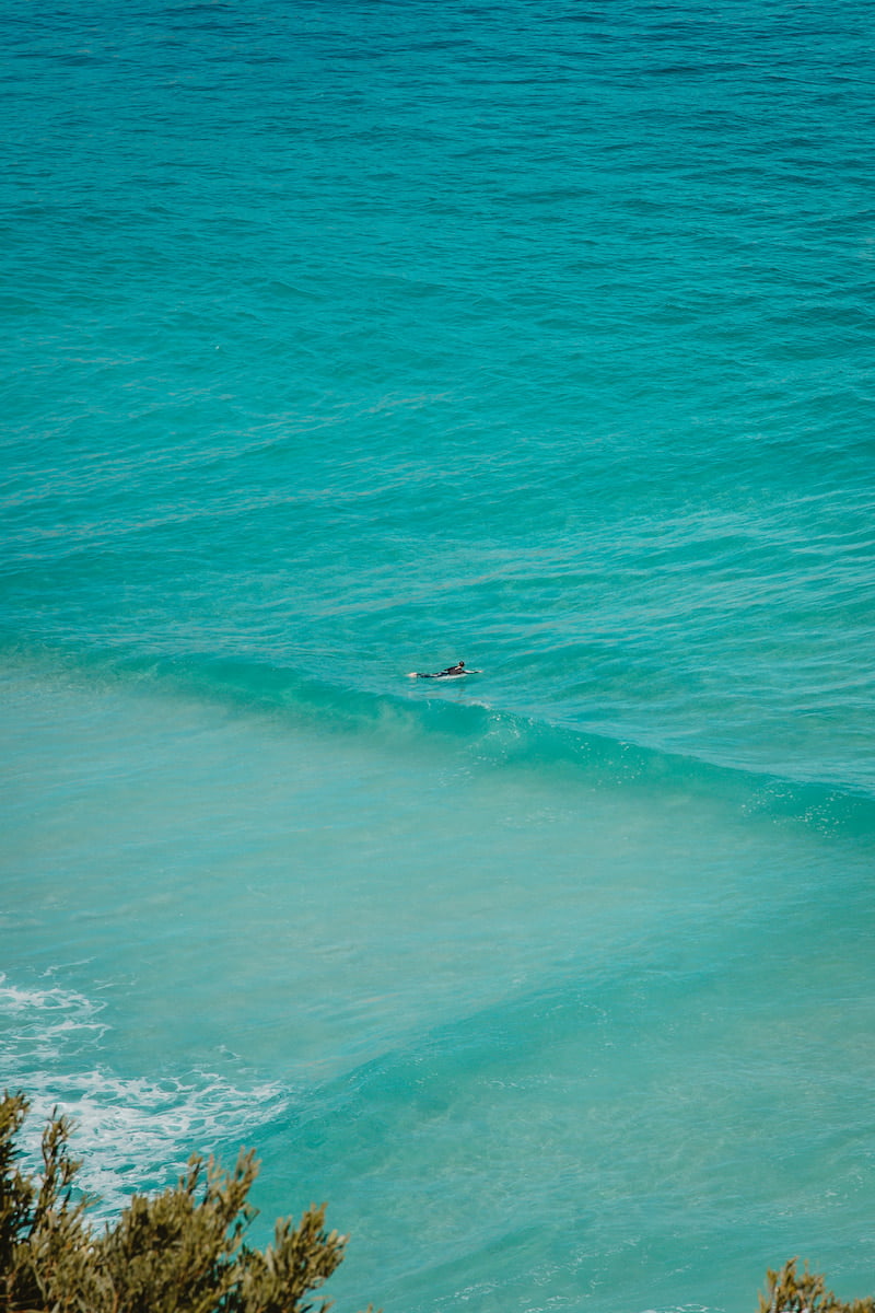Person on a surfboard in turquoise ocean water on Sydney's Northern Beaches